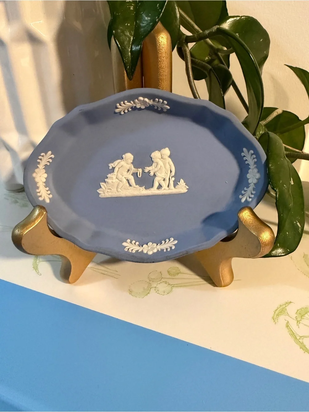 Wedgwood Blue Jasperware Oval Dish with White Relief